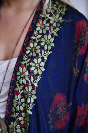 Dark Blue, Brown & Gold Viscose Summer Kaftan Jacket With Green Heavy Fishbone Embroidery
