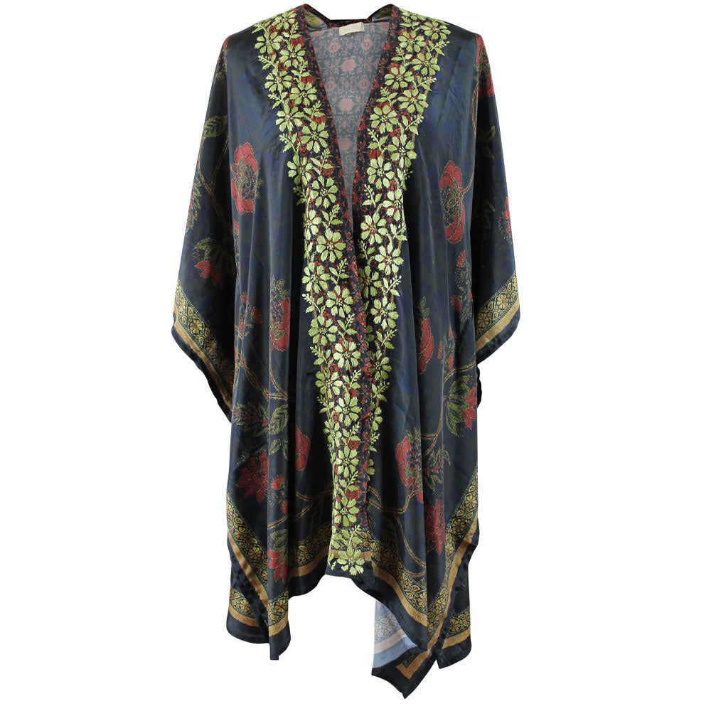 Dark Blue, Brown & Gold Viscose Summer Kaftan Jacket With Green Heavy Fishbone Embroidery