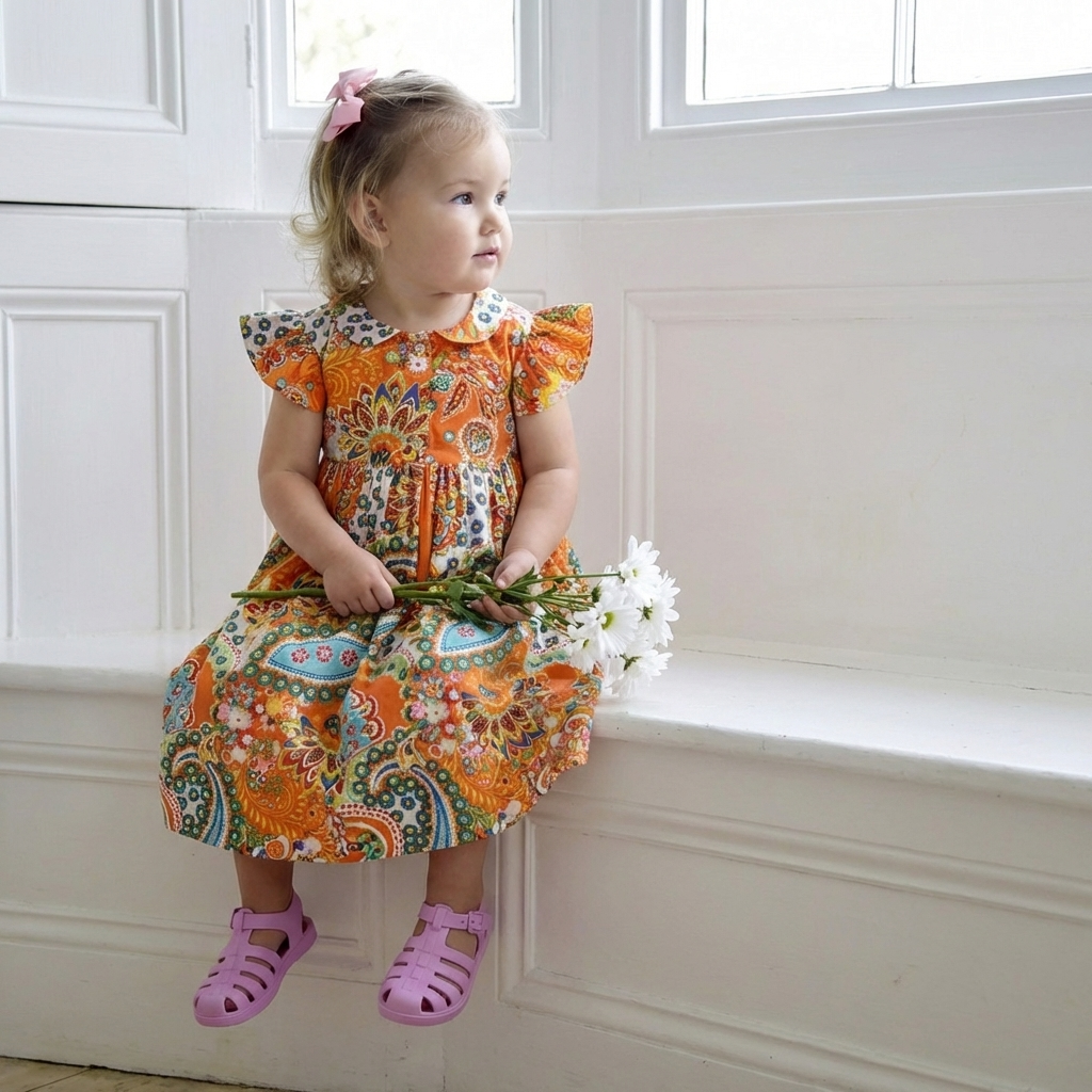 Orange Paisley Button Down Dress With Peter Pan Collar
