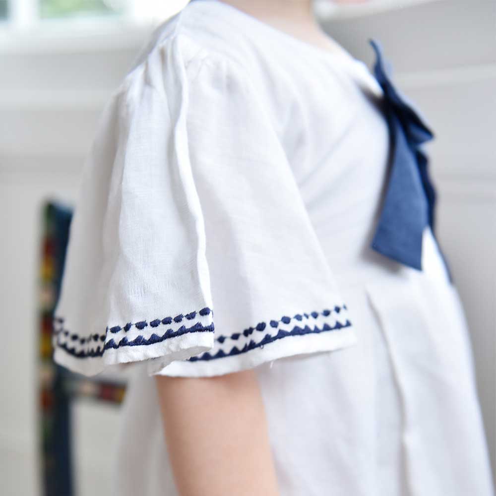 White Linen Girls Dress With Navy Bow White Linen Girls Dress With Navy Bow