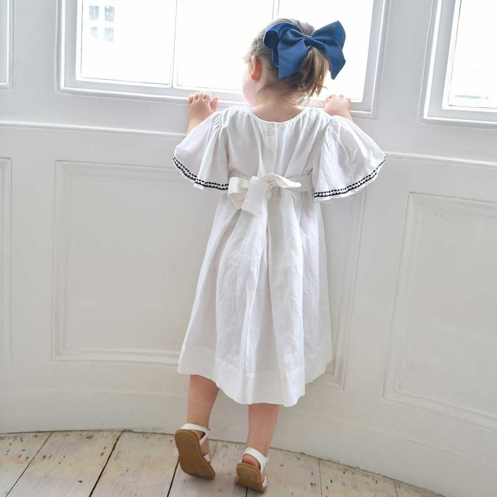 White Linen Girls Dress With Navy Bow