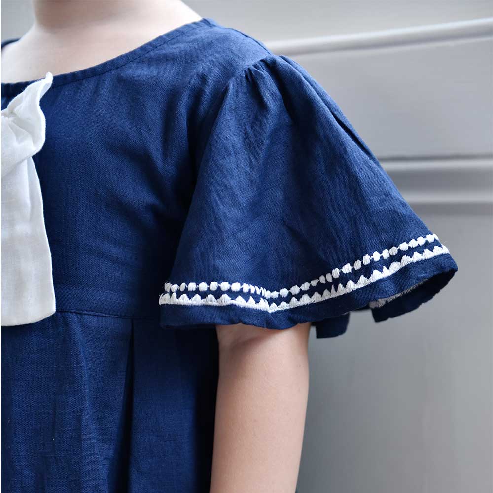 Navy Linen Girls Dress With White Bow Navy Linen Girls Dress With White Bow