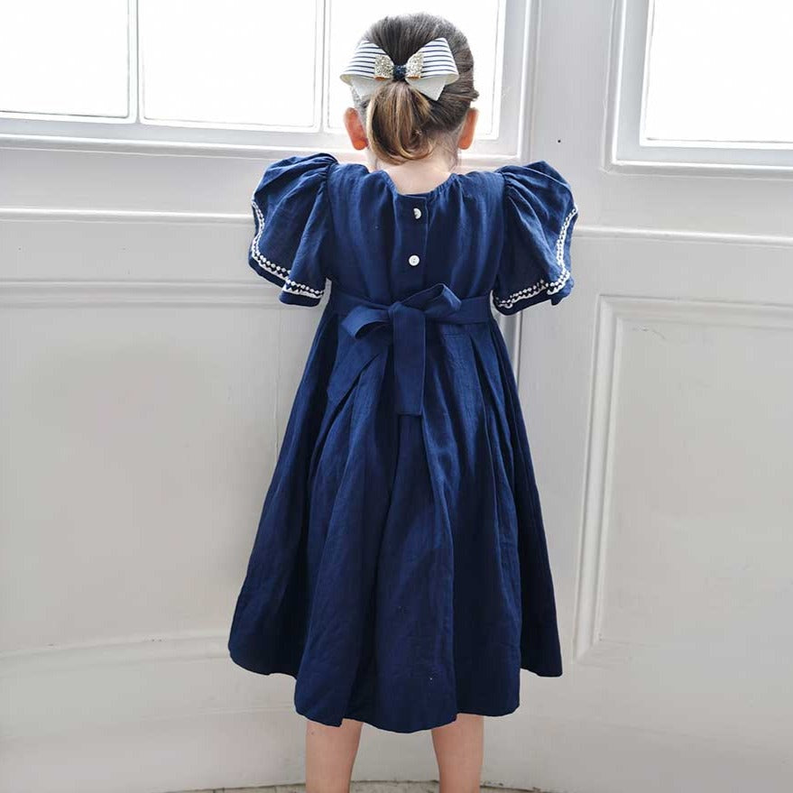 Navy Linen Girls Dress With White Bow