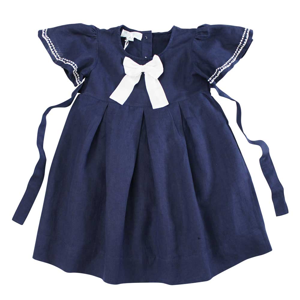Navy Linen Girls Dress With White Bow