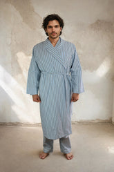 Men’s Sky Blue, Navy & White Stripe Dressing Gown