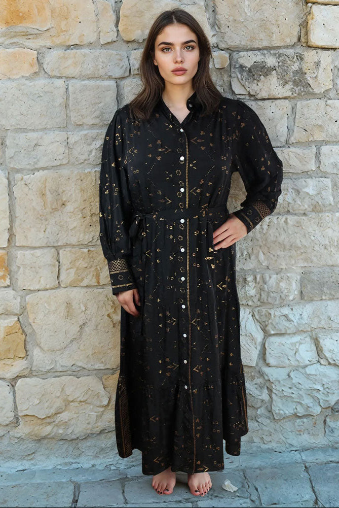 Ember, Black & Gold Small Geo Print Viscose Long Tiered Dress