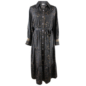 Ember, Black & Gold Small Geo Print Viscose Long Tiered Dress