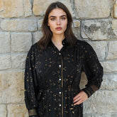 Ember, Black & Gold Small Geo Print Viscose Long Tiered Dress