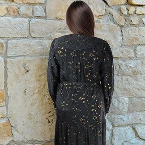 Ember, Black & Gold Small Geo Print Viscose Long Tiered Dress