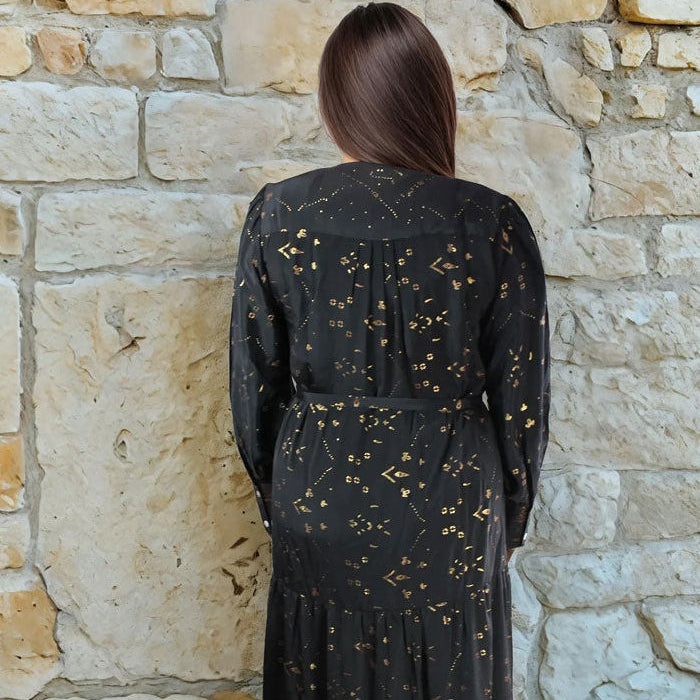 Ember, Black & Gold Small Geo Print Viscose Long Tiered Dress