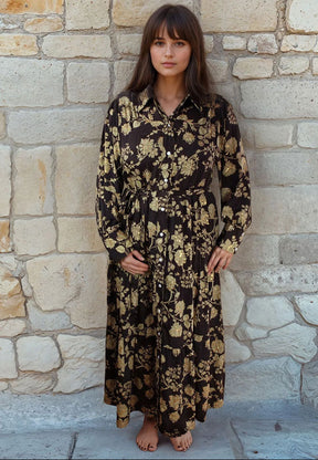 Mika, Dark Brown & Gold Floral Print Viscose Long Tiered Dress