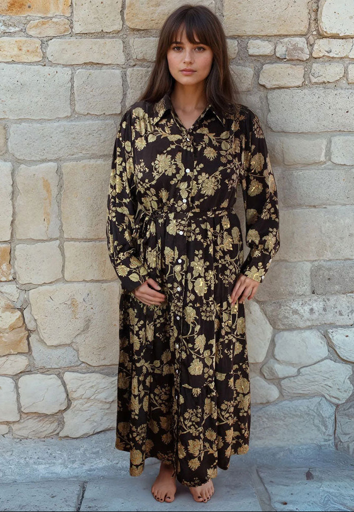 Mika, Dark Brown & Gold Floral Print Viscose Long Tiered Dress