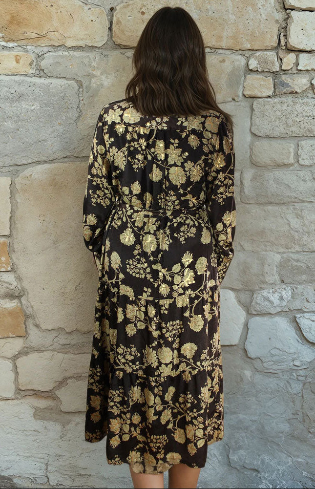 Mika, Dark Brown & Gold Floral Print Viscose Long Tiered Dress