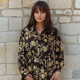 Mika, Dark Brown & Gold Floral Print Viscose Long Tiered Dress