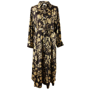 Mika, Dark Brown & Gold Floral Print Viscose Long Tiered Dress