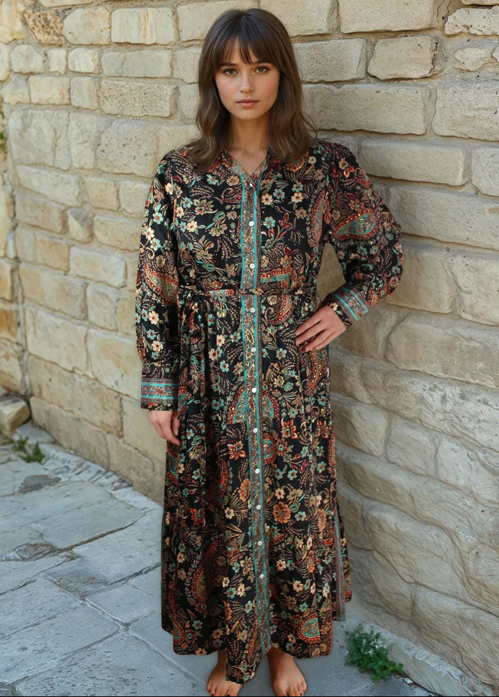 Amara, Black, Blue & Red Paisley Floral Print Viscose Long Tiered Dress
