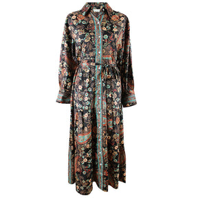 Amara, Black, Blue & Red Paisley Floral Print Viscose Long Tiered Dress