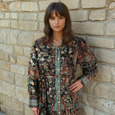 Amara, Black, Blue & Red Paisley Floral Print Viscose Long Tiered Dress