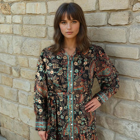 Amara, Black, Blue & Red Paisley Floral Print Viscose Long Tiered Dress