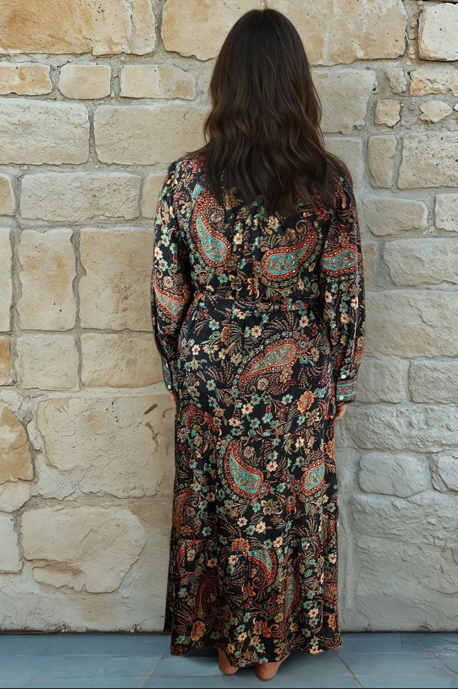Amara, Black, Blue & Red Paisley Floral Print Viscose Long Tiered Dress
