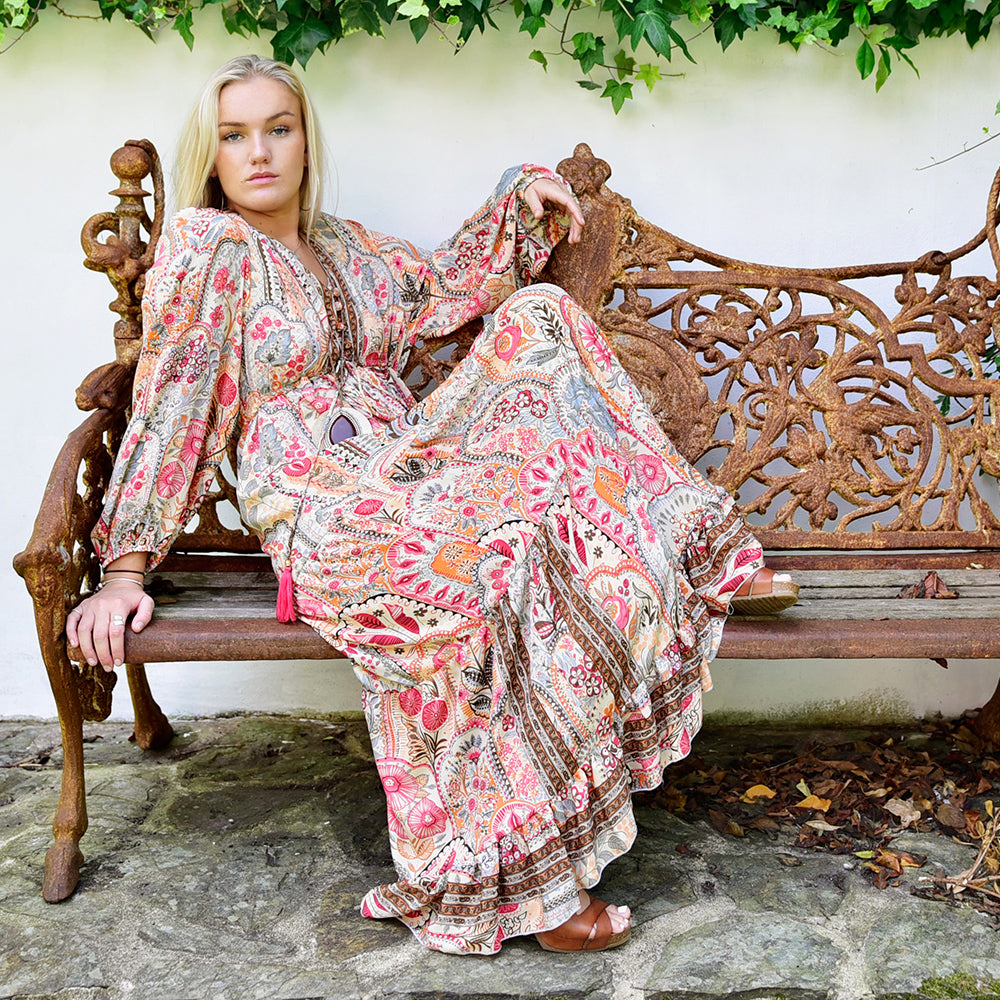 Tuuli, Cream, Orange, Pink & Brown Floral Viscose Long Sleeve Dress