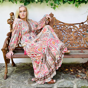 Tuuli, Cream, Orange, Pink & Brown Floral Viscose Long Sleeve Dress