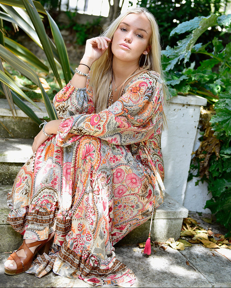 Tuuli, Cream, Orange, Pink & Brown Floral Viscose Long Sleeve Dress