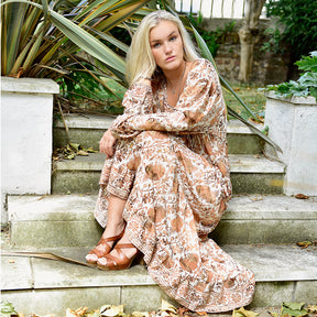 Danica, Cream, Terracotta & Gold Floral Viscose Long Sleeve Dress