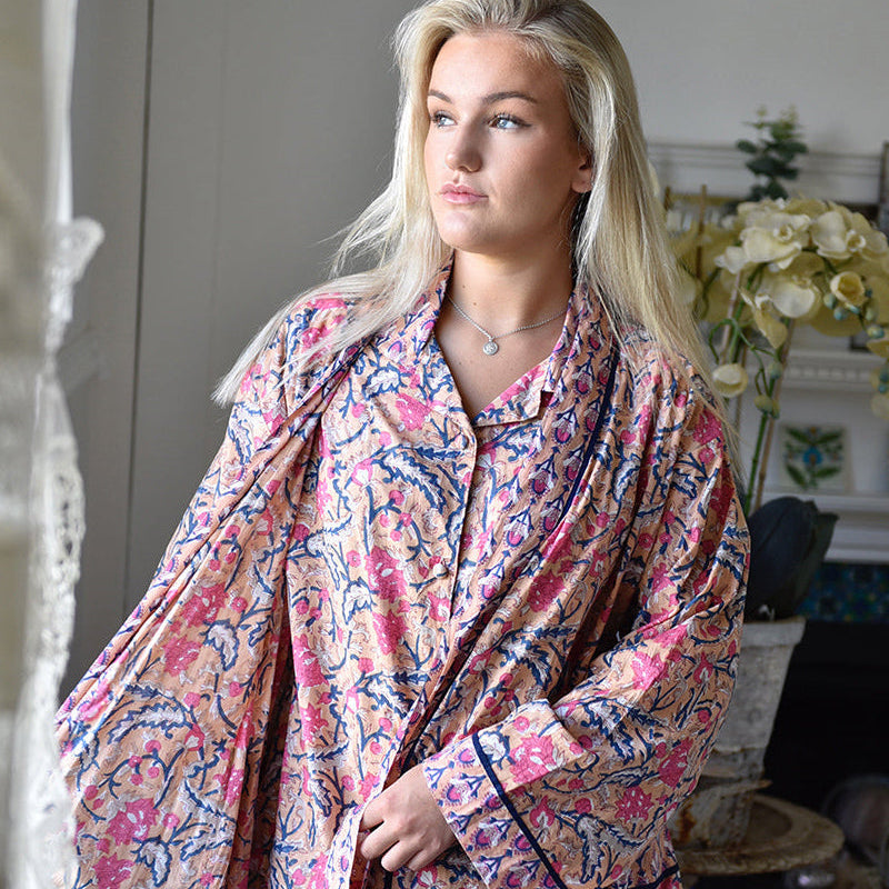 Apricot, Navy & Persian Red Mixed Block Print Dressing Gown