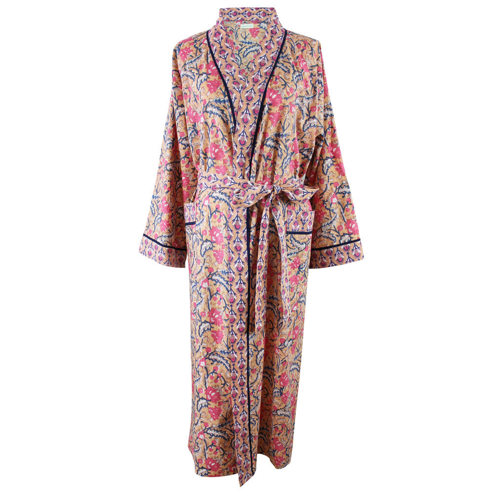 Apricot, Navy & Persian Red Mixed Block Print Dressing Gown