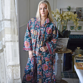 Pine Green, Red, Pink & Mustard Block Print Dressing Gown