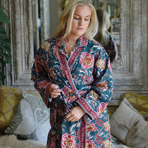 Pine Green, Red, Pink & Mustard Block Print Dressing Gown