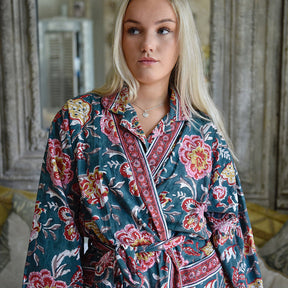 Pine Green, Red, Pink & Mustard Block Print Dressing Gown