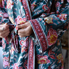 Pine Green, Red, Pink & Mustard Block Print Dressing Gown