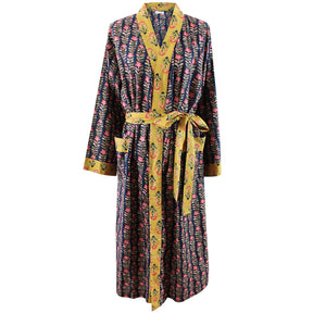 Navy Blue & Pink Lily Vertical Block Print Dressing Gown