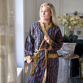 Navy Blue & Pink Lily Vertical Block Print Dressing Gown