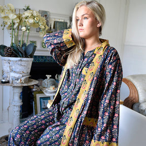 Navy Blue & Pink Lily Vertical Block Print Dressing Gown