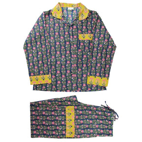 Navy Blue & Pink Lily Vertical Block Print Pyjamas