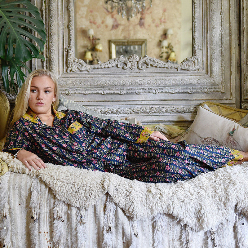 Navy Blue & Pink Lily Vertical Block Print Pyjamas
