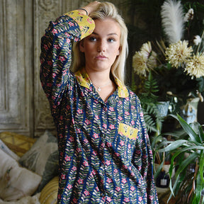Navy Blue & Pink Lily Vertical Block Print Pyjamas