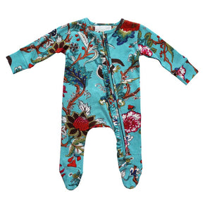Teal Exotic Flower Jumpsuit With Zip Front View