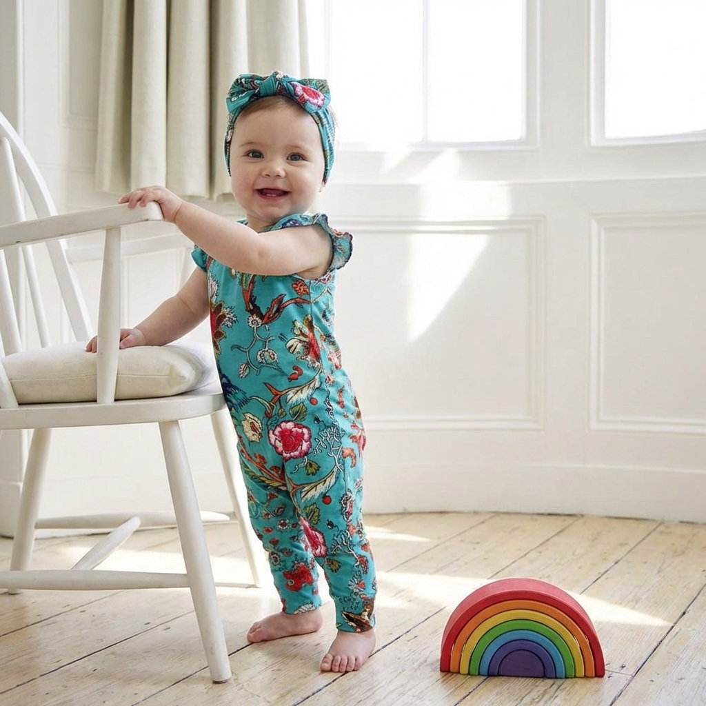 Teal Exotic Flower Short Sleeve Jumpsuit
