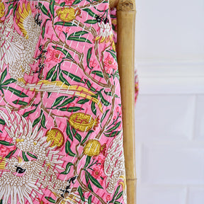 Pink Tropical Bird & Pomegranate Print Kantha Throw