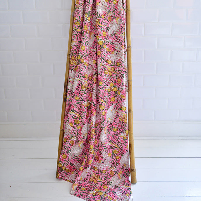 Pink Tropical Bird & Pomegranate Print Kantha Throw