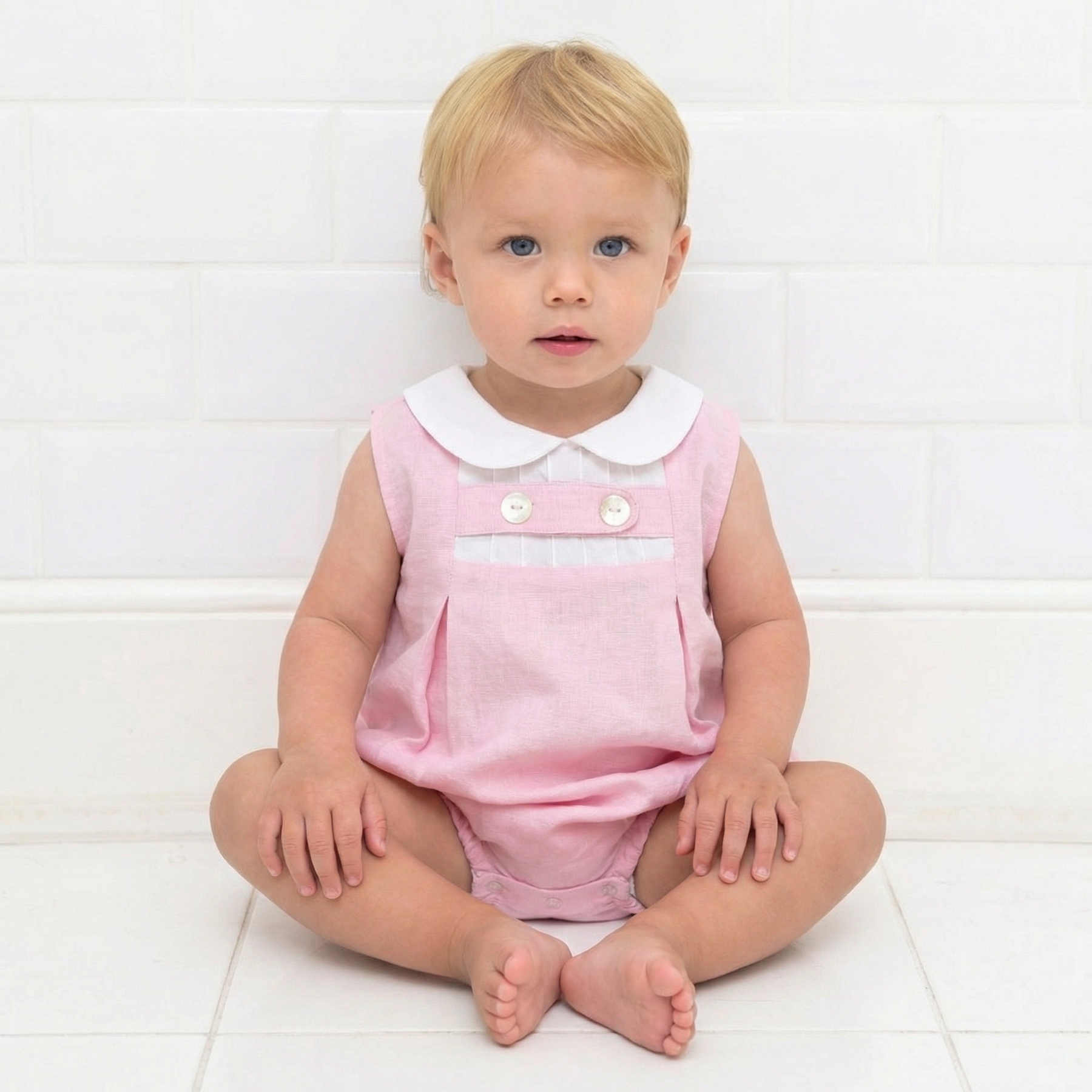 Powder Pink Linen Romper with White Trims