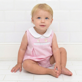 Powder Pink Linen Romper with White Trims