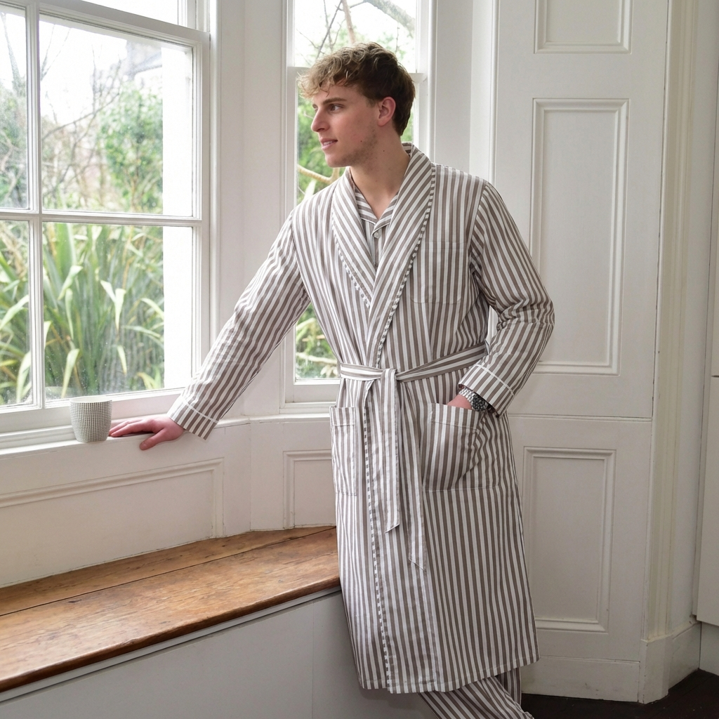 Men’s ‘Samuel’ Tan & White Stripe Dressing Gown