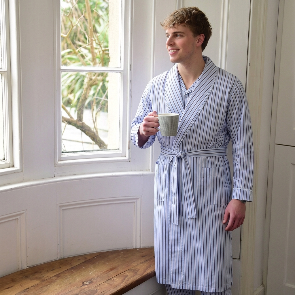Men’s Sky Blue, Navy & White Stripe Dressing Gown