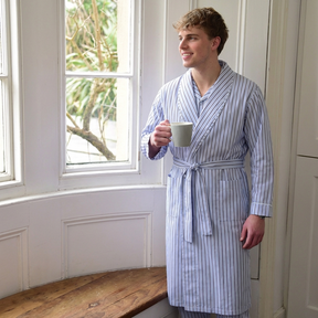 Men’s Sky Blue, Navy & White Stripe Dressing Gown