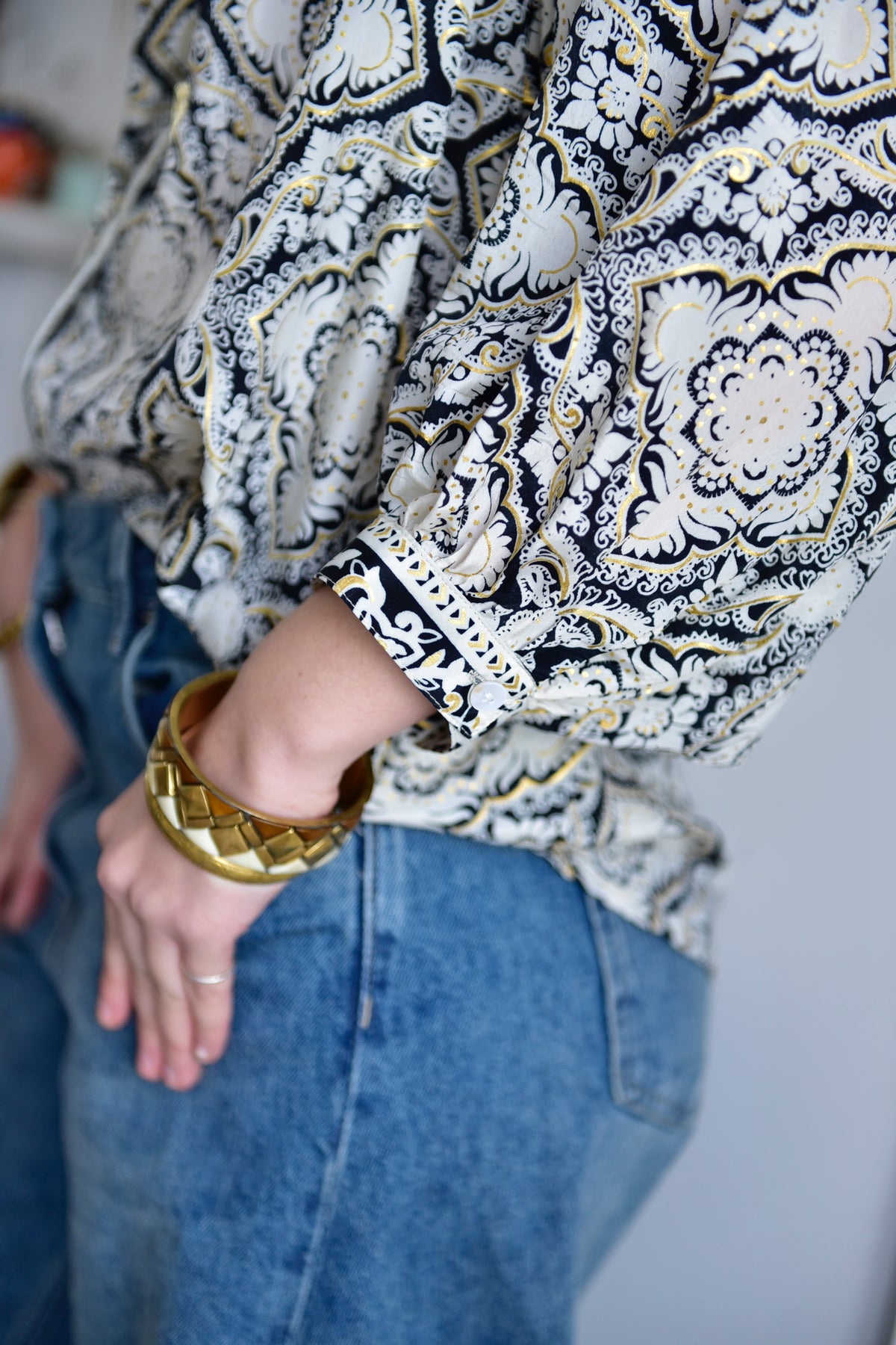 White, Black & Gold Arabesque Style Print Viscose Button Down Shirt